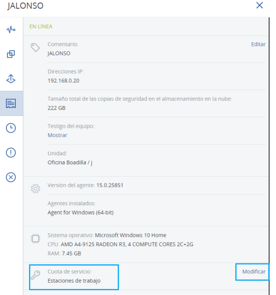 Control de cuota de espacio en Acronis
